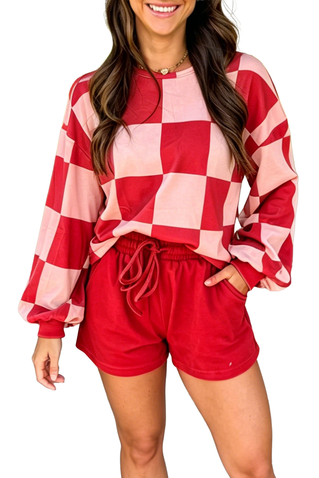 Khaki Checkerboard Plaid Long Sleeve Solid Color Shorts 2pcs Set