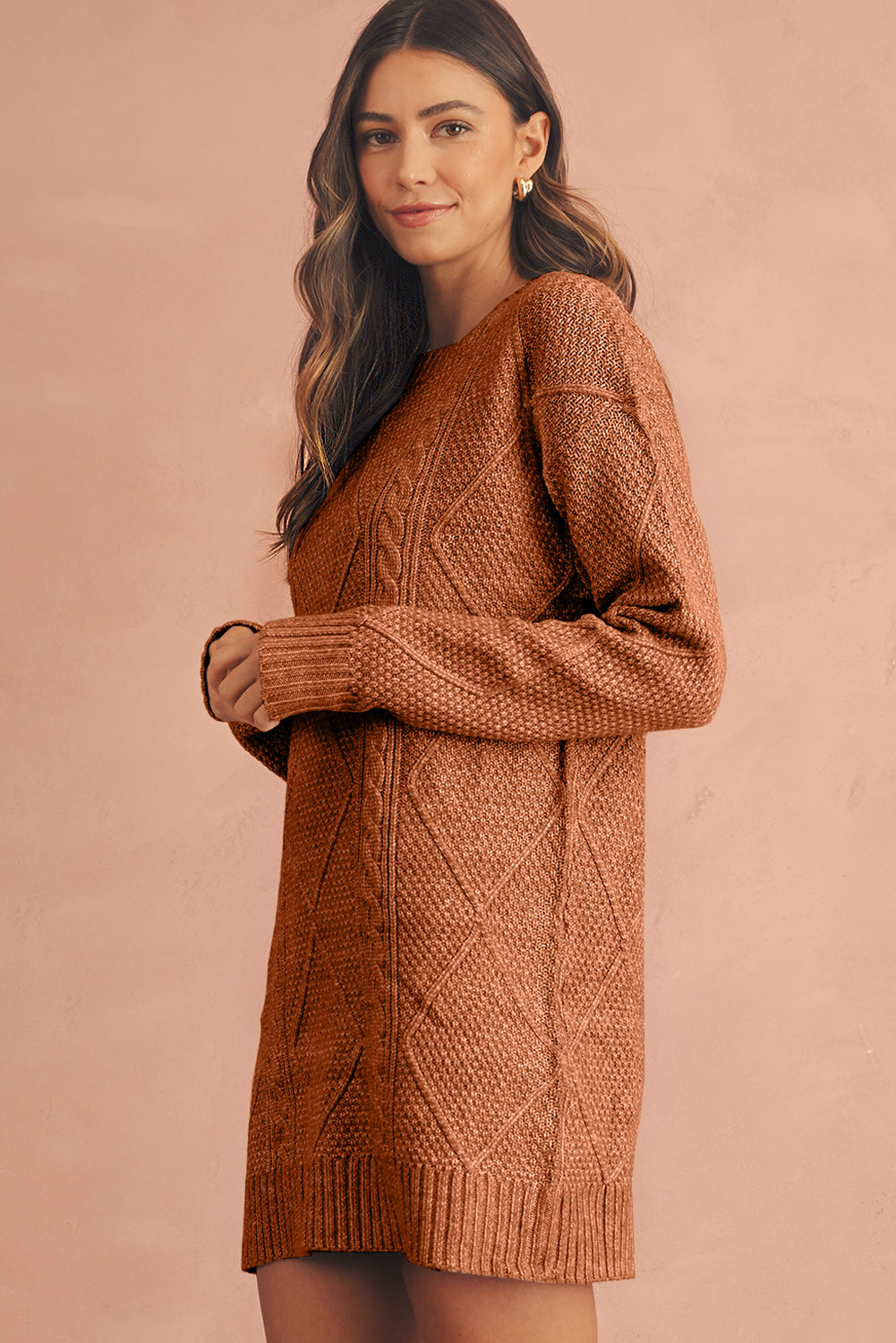 Oatmeal Cable Knit Drop Shoulder Loose Fit Sweater Dress