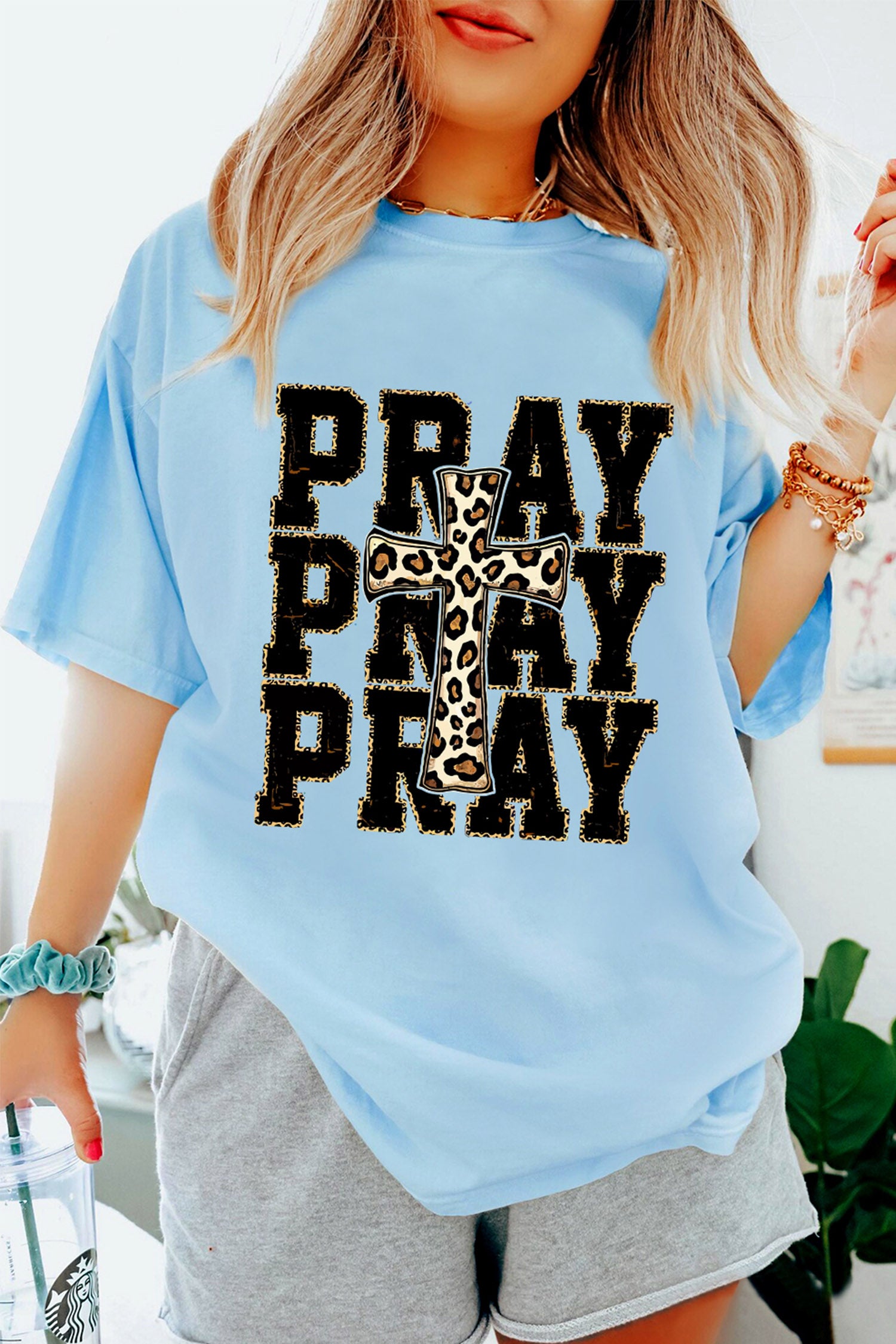 Light Blue PRAY Leopard Cross Graphic Loose Round Neck T Shirt
