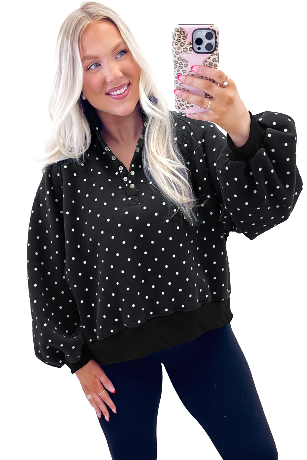 Brown Polka Dot Print Metal Button Collar Casual Pullover Sweatshirt