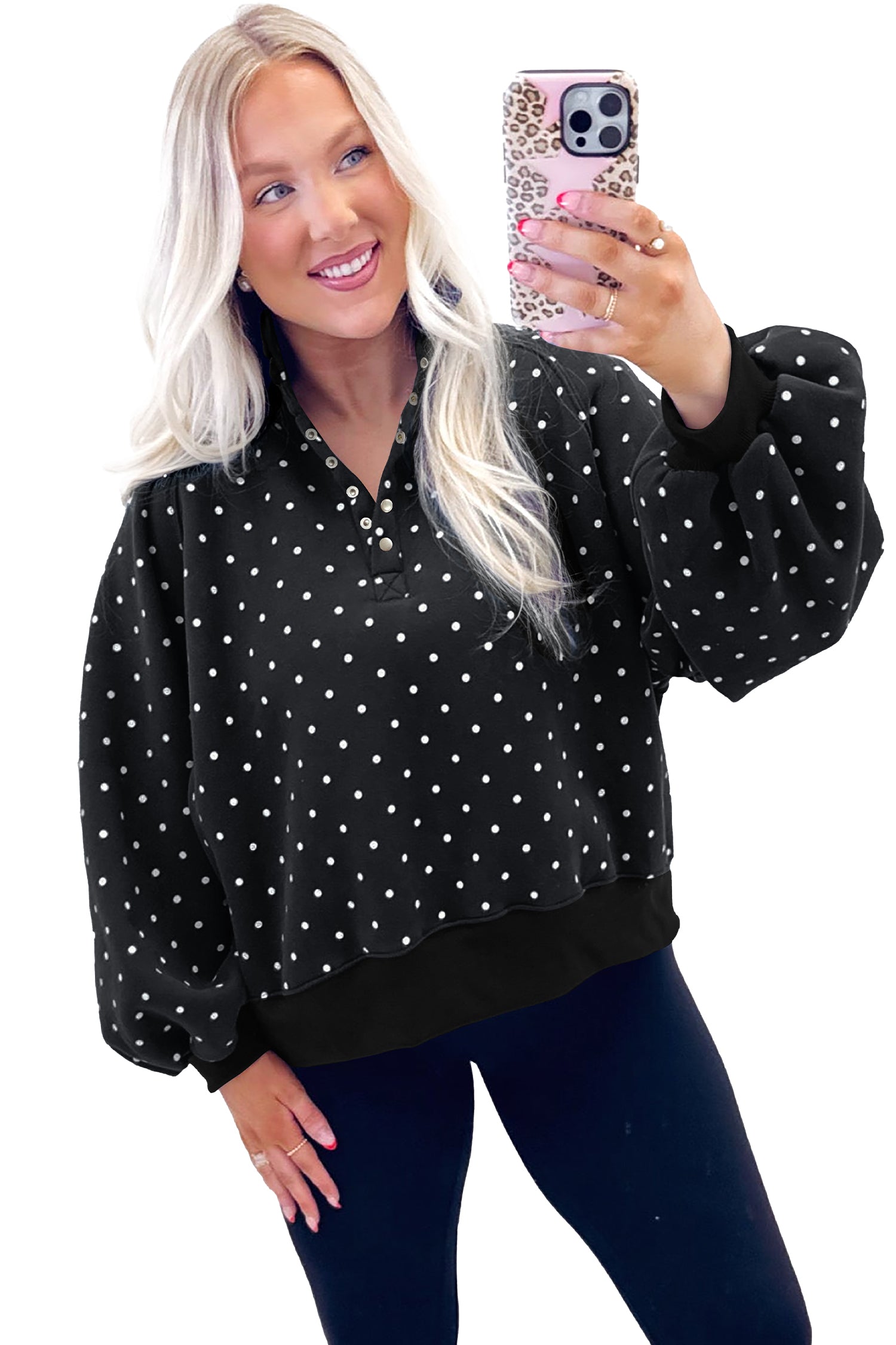 Brown Polka Dot Print Metal Button Collar Casual Pullover Sweatshirt