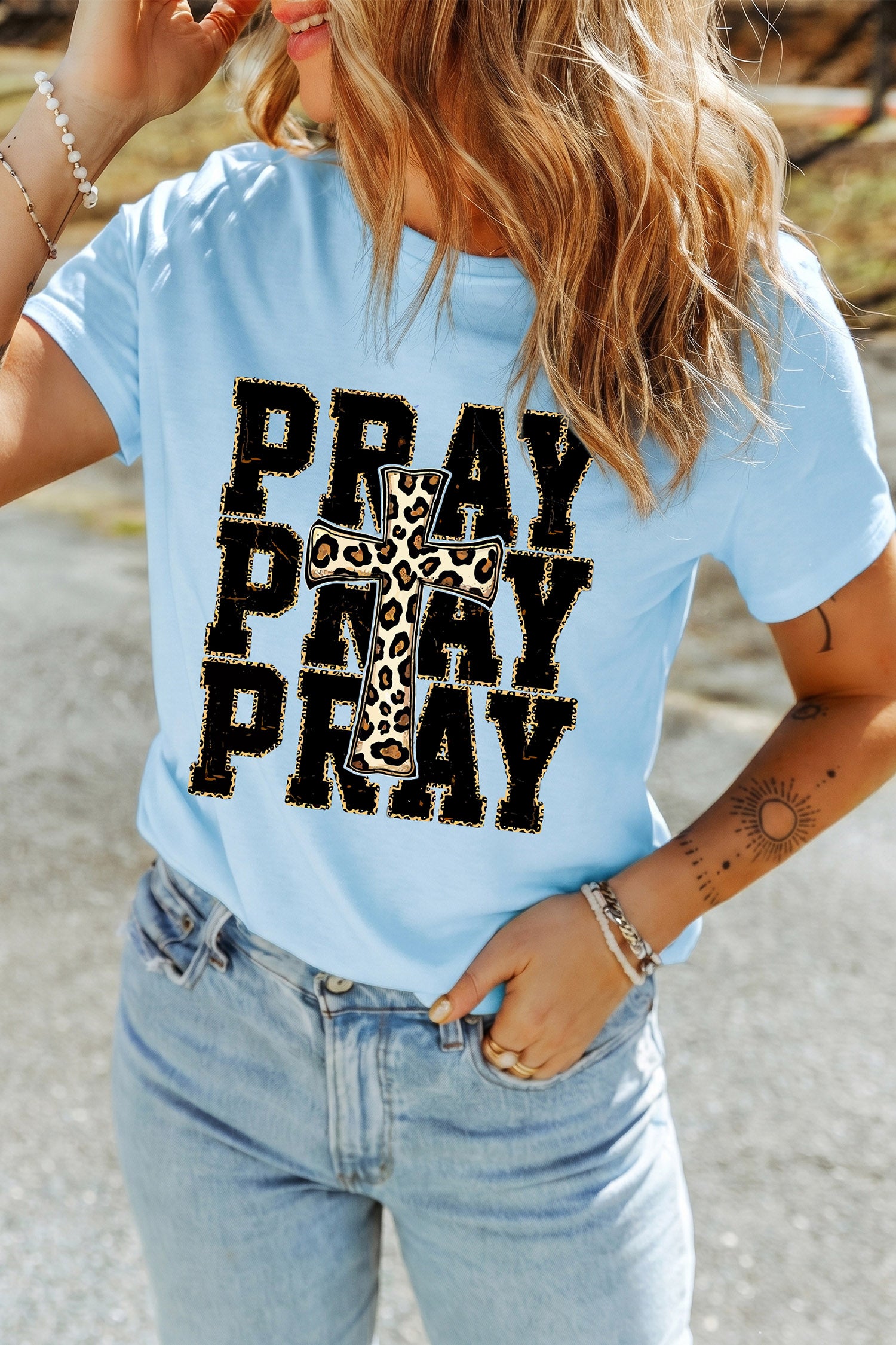 Light Blue PRAY Leopard Cross Graphic Loose Round Neck T Shirt