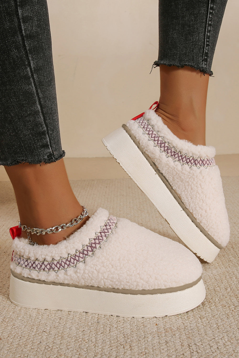 Soft Plush Embroidered Detail Flat Platform Slippers