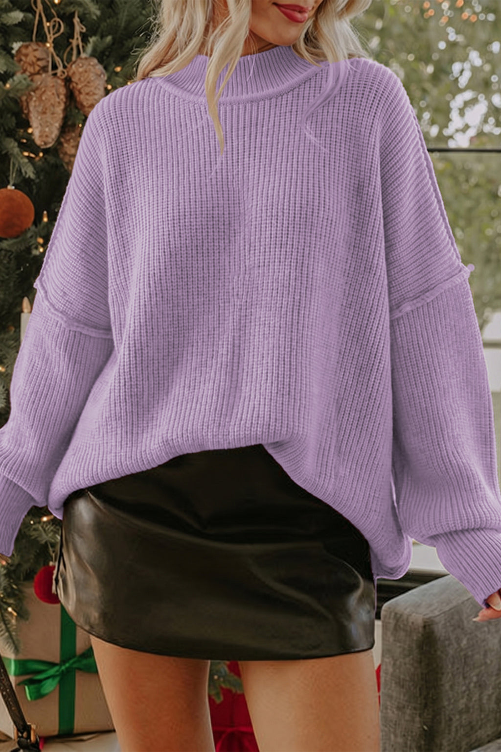 Chestnut Long Sleeve Ribbed Knit Stand Neck Regular Fit Sweater