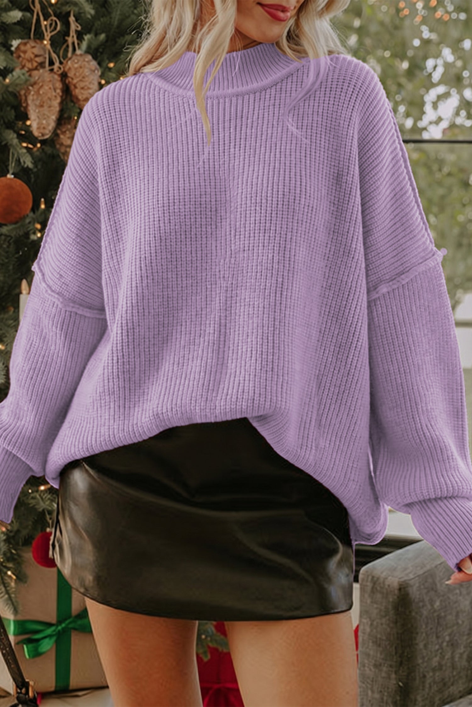 Chestnut Long Sleeve Ribbed Knit Stand Neck Regular Fit Sweater