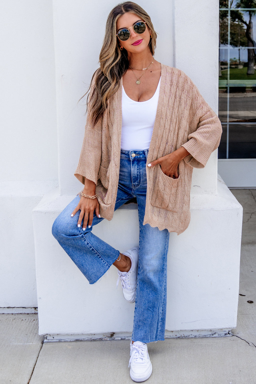 Old Rose Drop Shoulder Crochet Knit Open Front Cardigan