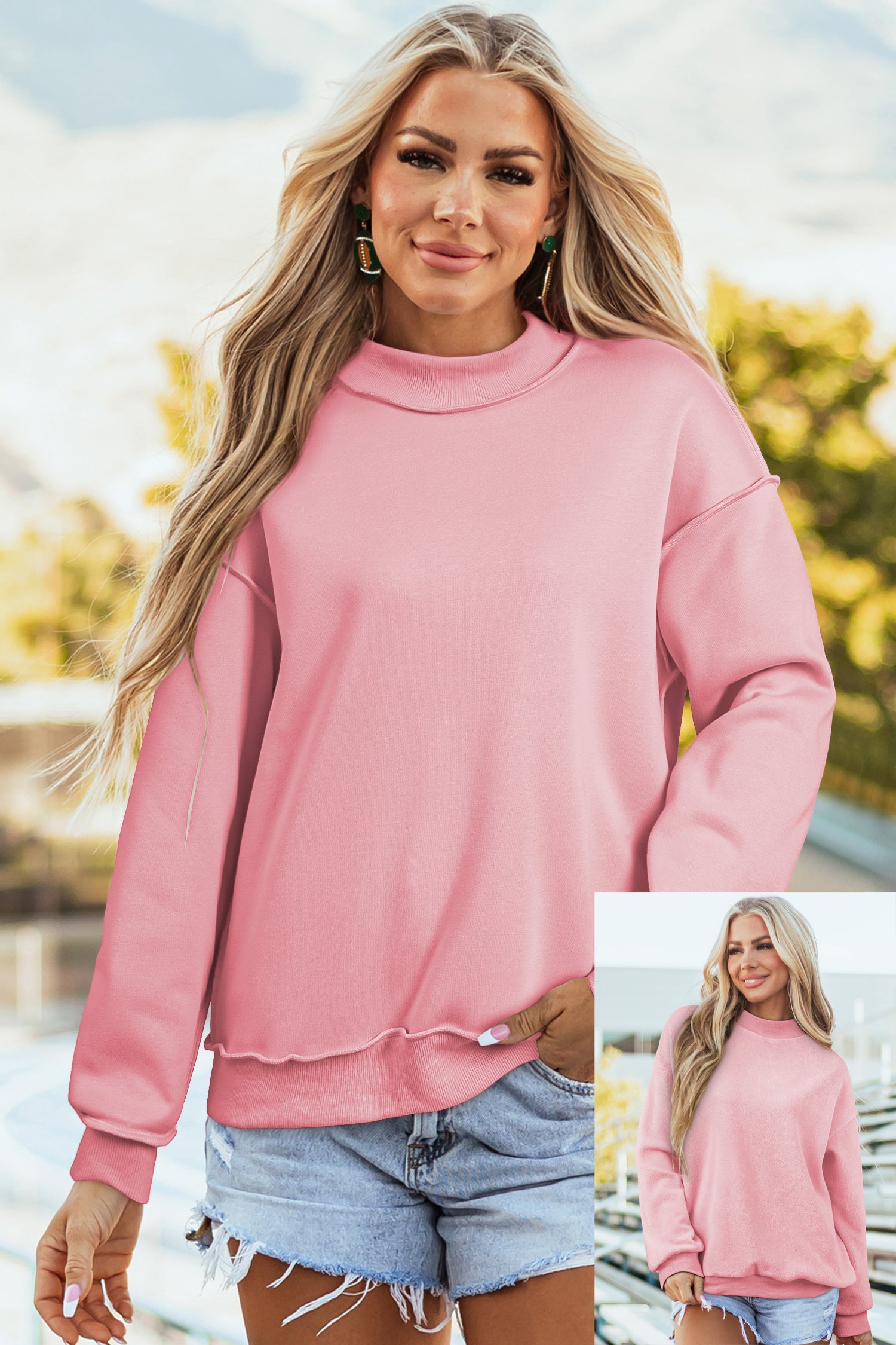 Coffee Oversize Drop Shoulder Reversible Mock Neck Sweatshirt