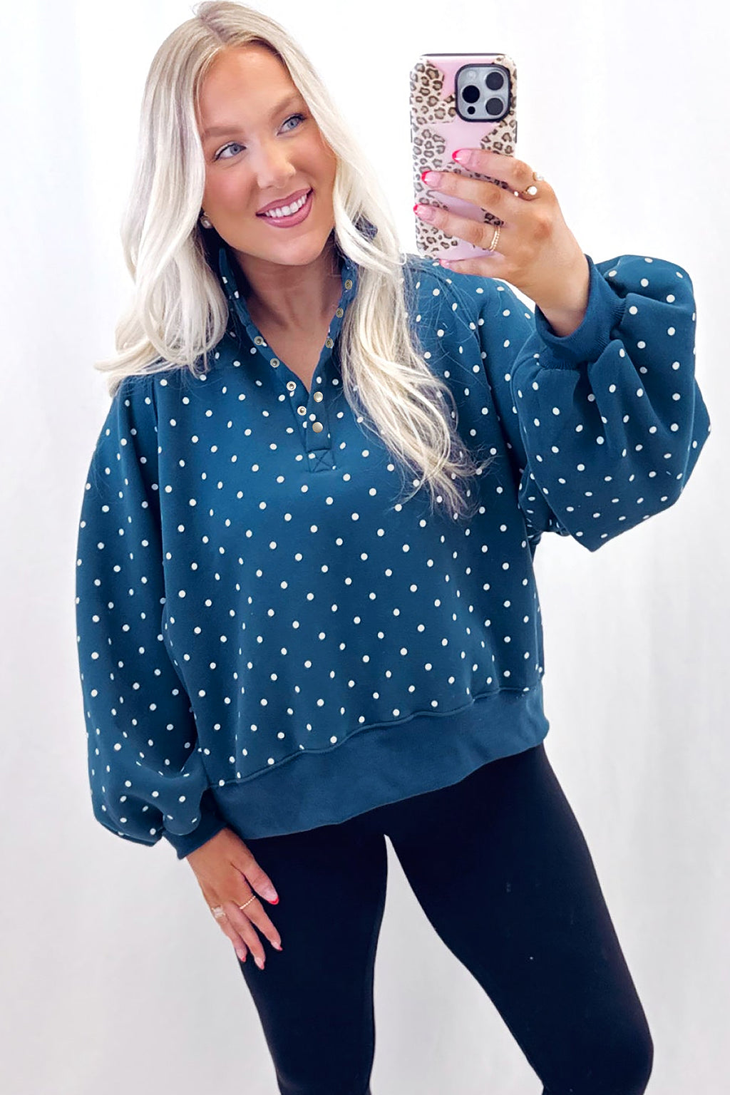 Brown Polka Dot Print Metal Button Collar Casual Pullover Sweatshirt