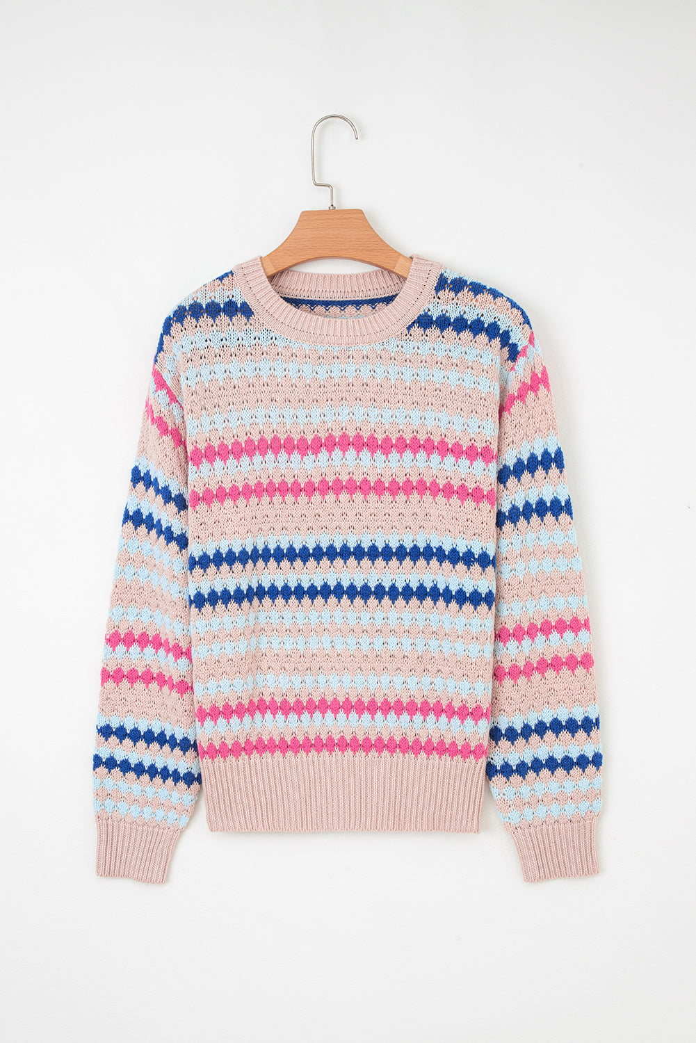 Brown Striped Eyelet Pattern Drop Shoulder Sweater