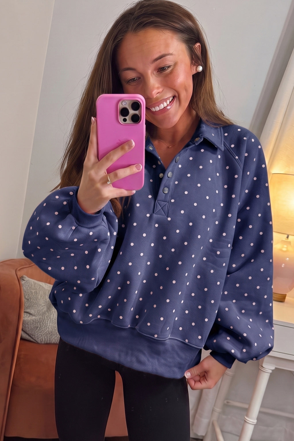 Brown Polka Dot Print Metal Button Collar Casual Pullover Sweatshirt