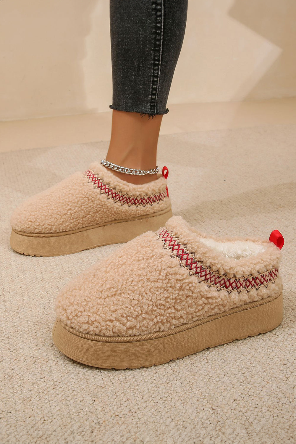 Soft Plush Embroidered Detail Flat Platform Slippers