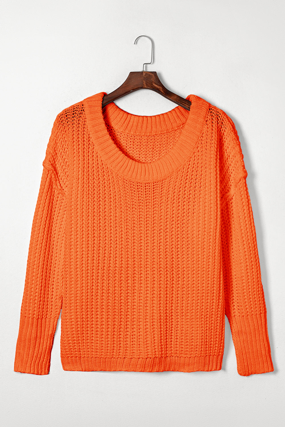 Orange Ribbed Knit Round Neck Slouchy Chunky Sweater