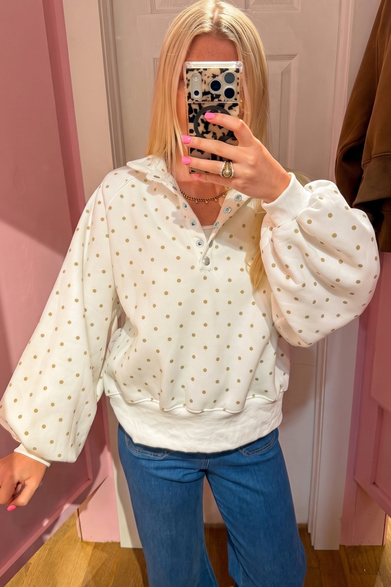 Brown Polka Dot Print Metal Button Collar Casual Pullover Sweatshirt
