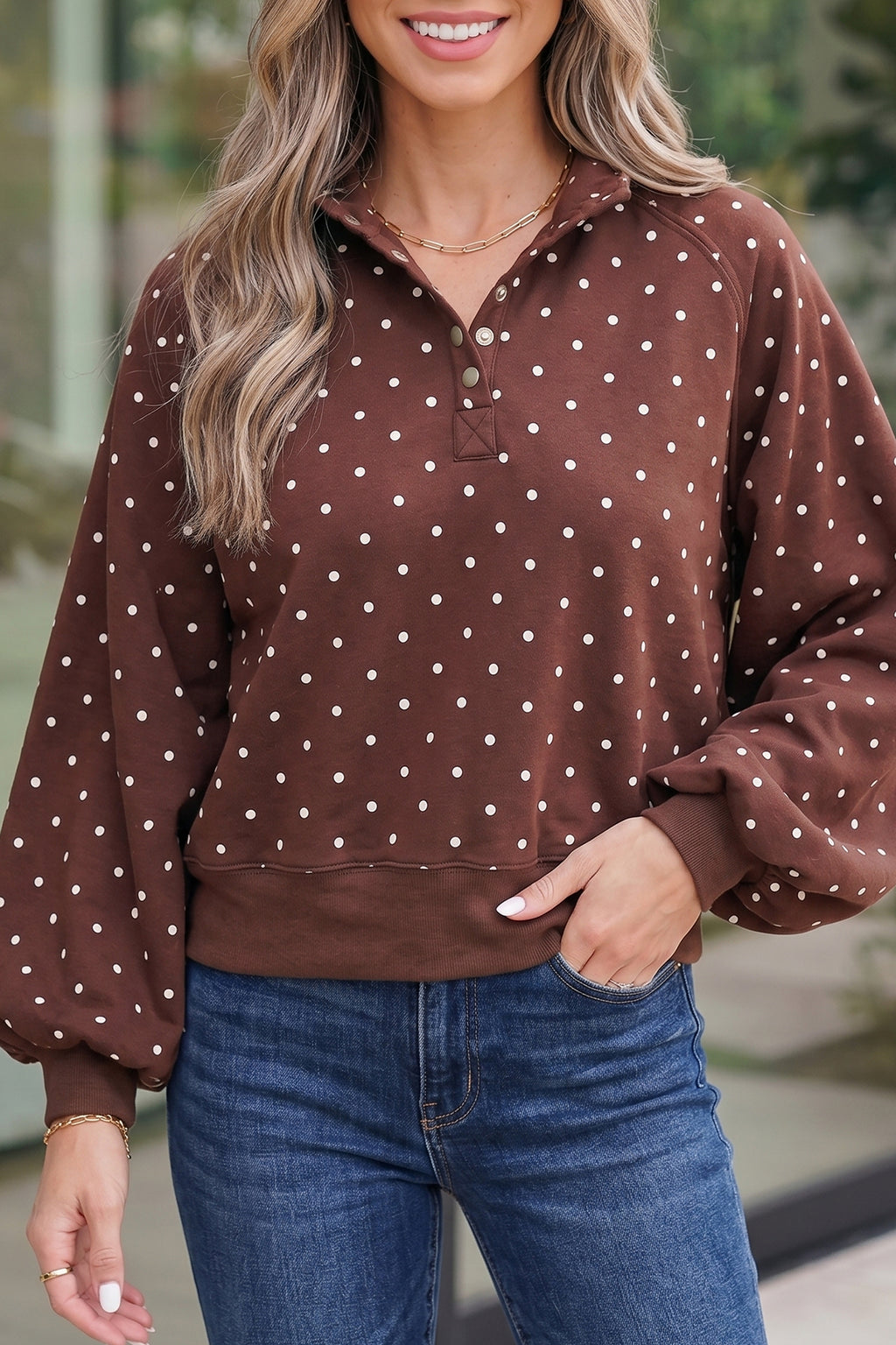 Brown Polka Dot Print Metal Button Collar Casual Pullover Sweatshirt