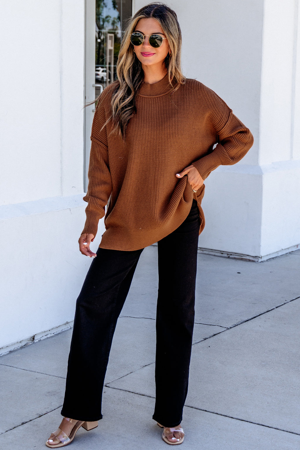 Chestnut Long Sleeve Ribbed Knit Stand Neck Regular Fit Sweater