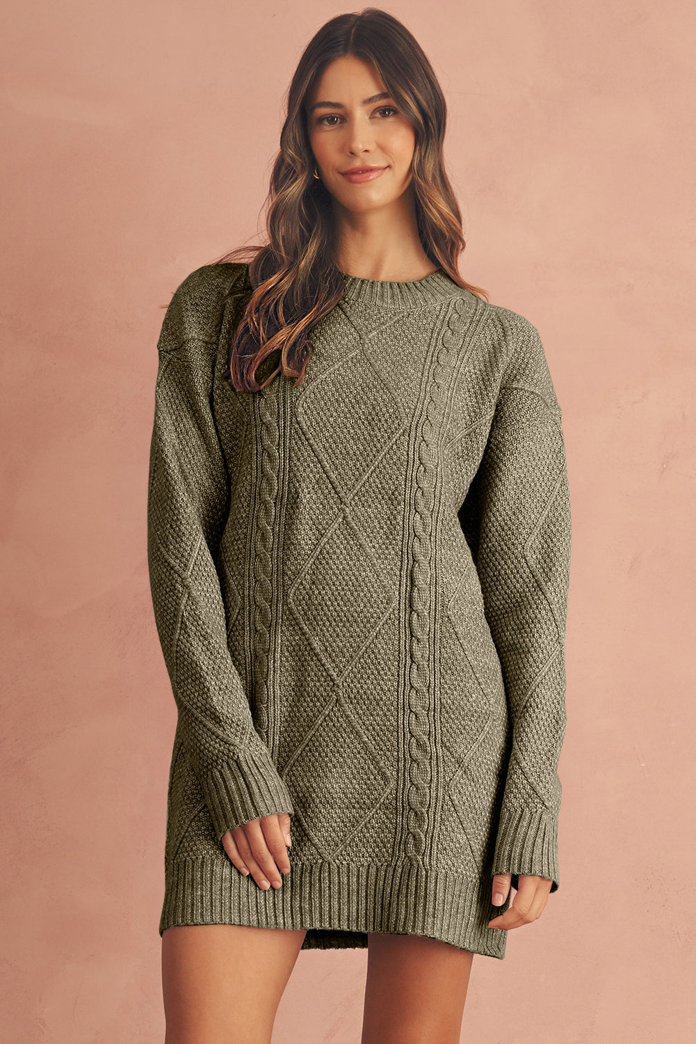 Oatmeal Cable Knit Drop Shoulder Loose Fit Sweater Dress