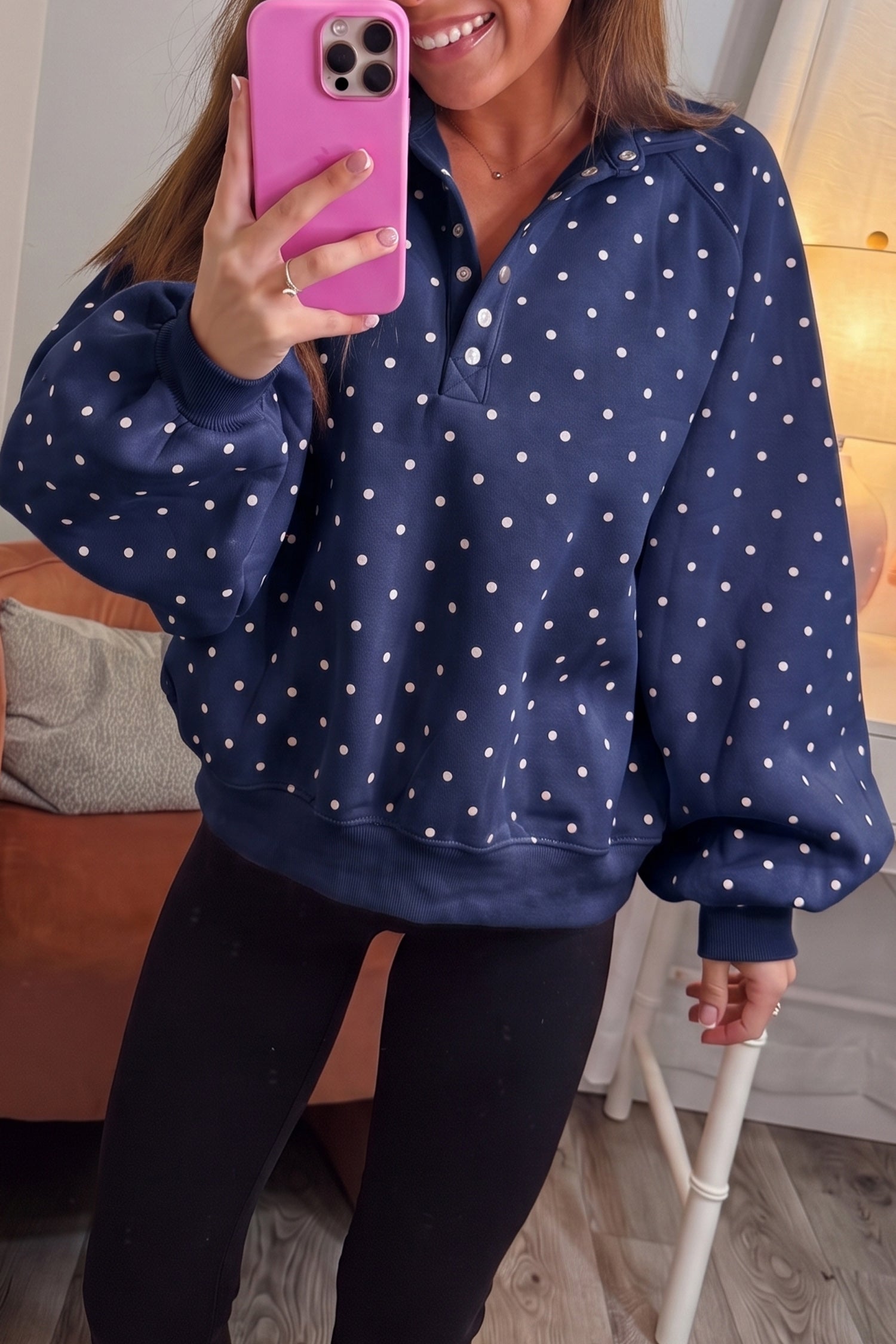Brown Polka Dot Print Metal Button Collar Casual Pullover Sweatshirt