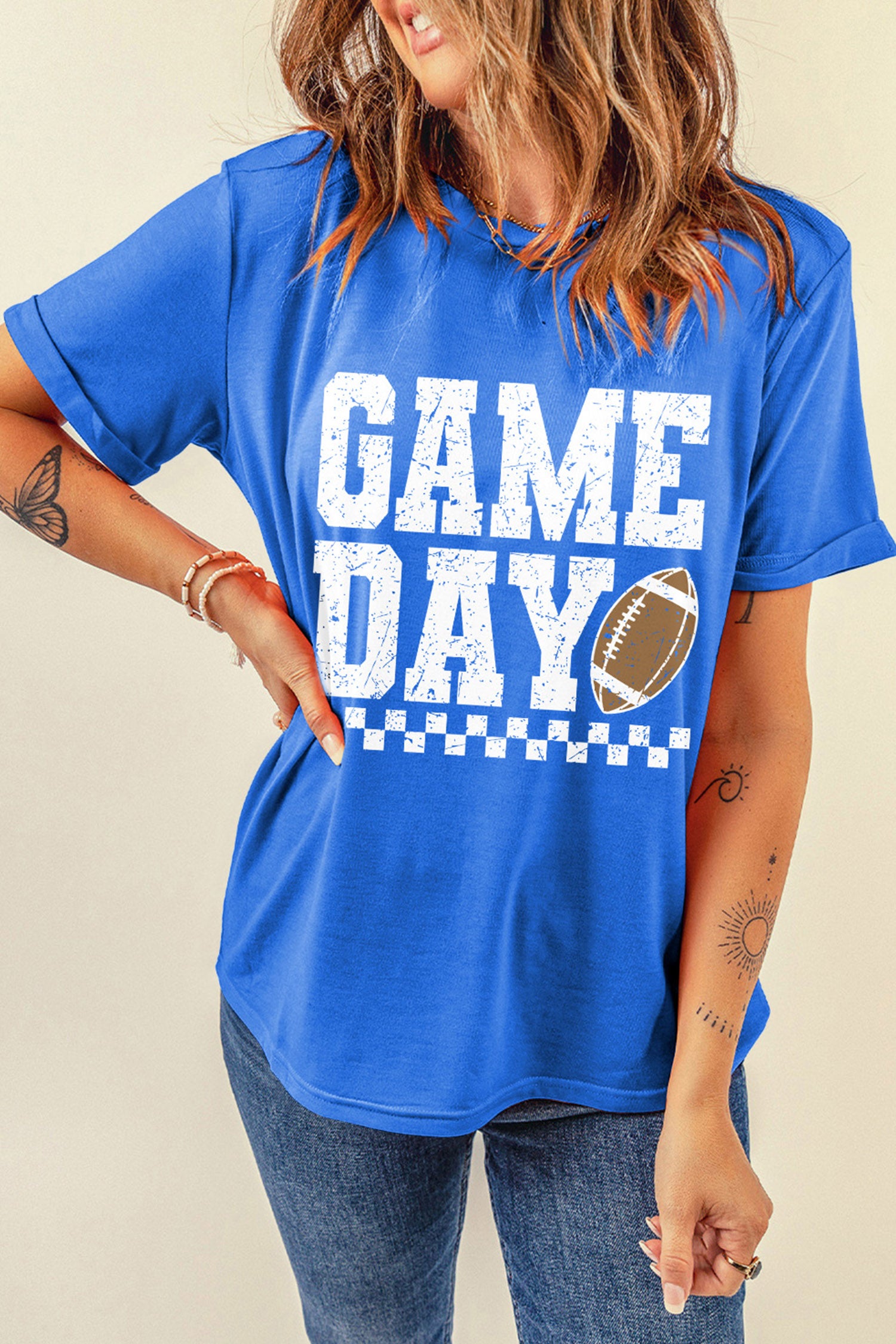 Dark Blue GAME DAY Checkered Print Rugby Graphic T Shirt
