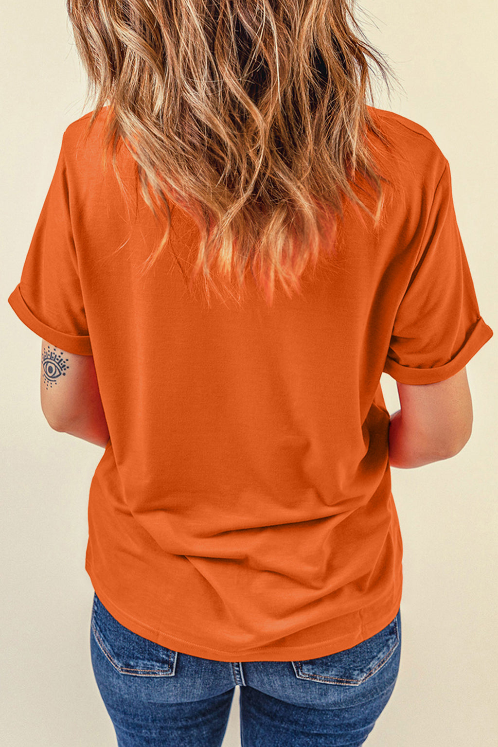 Orange COZY season Leopard Letter Graphic Casual Round Neck T Shirt
