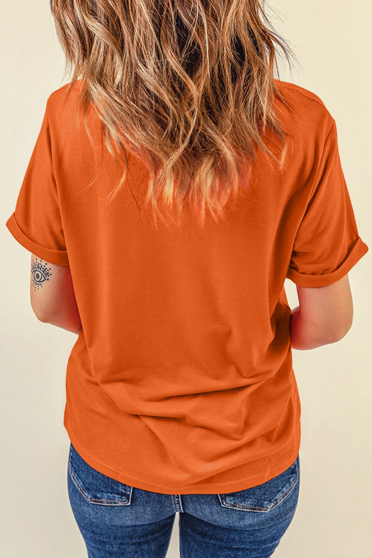 Orange COZY season Leopard Letter Graphic Casual Round Neck T Shirt