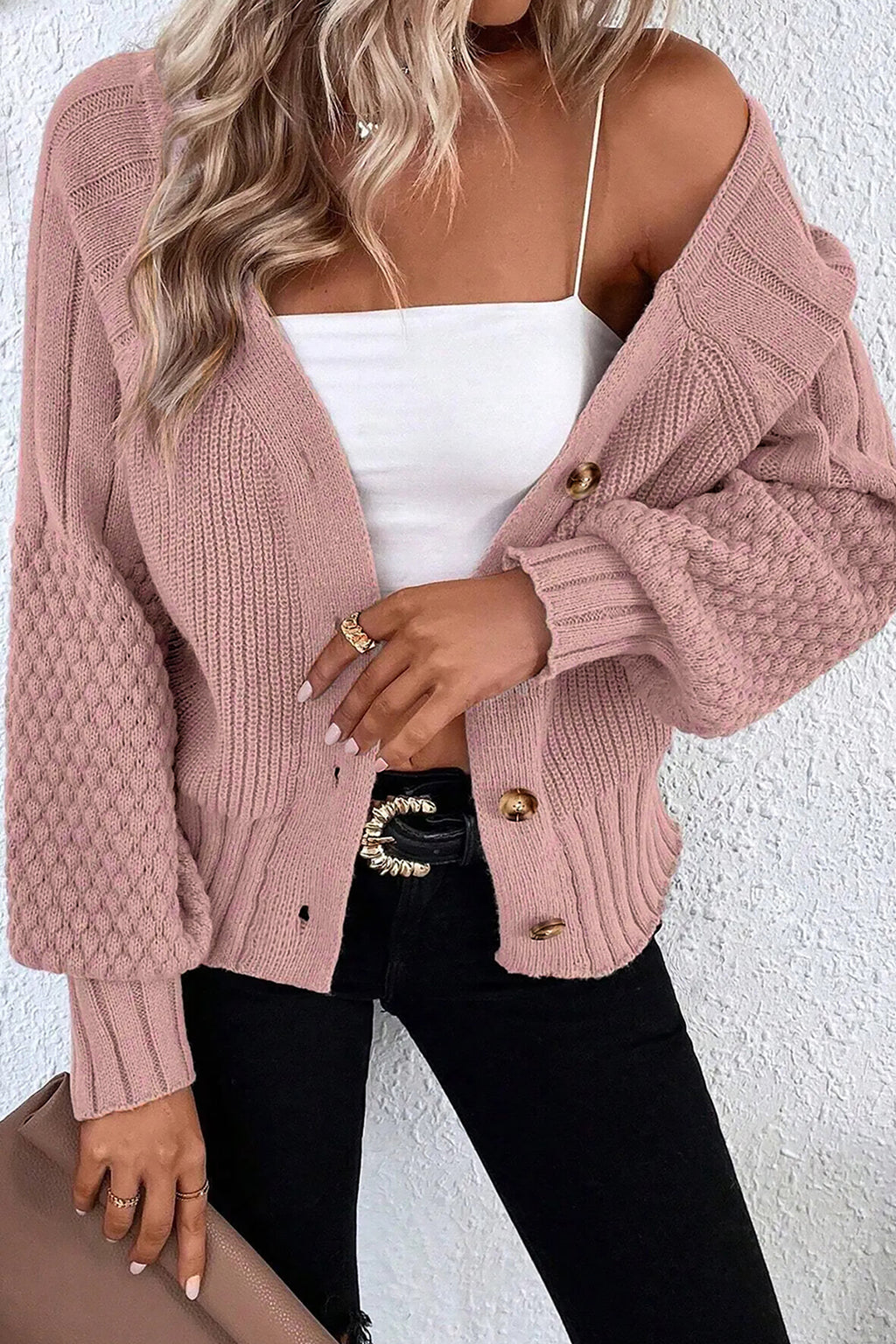 Goat Mixed Texture Knit Button V Neck Sweater Cardigan