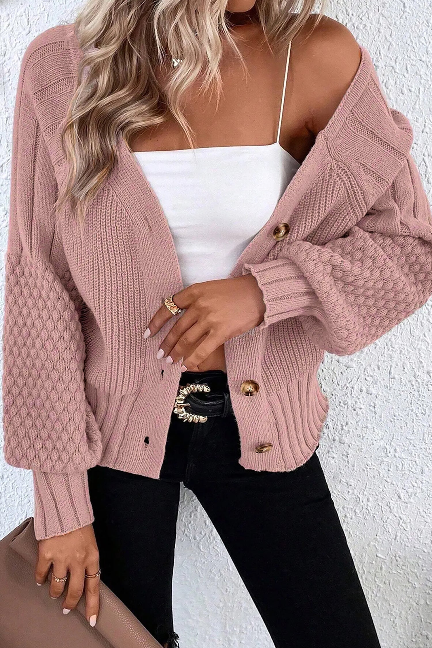 Goat Mixed Texture Knit Button V Neck Sweater Cardigan