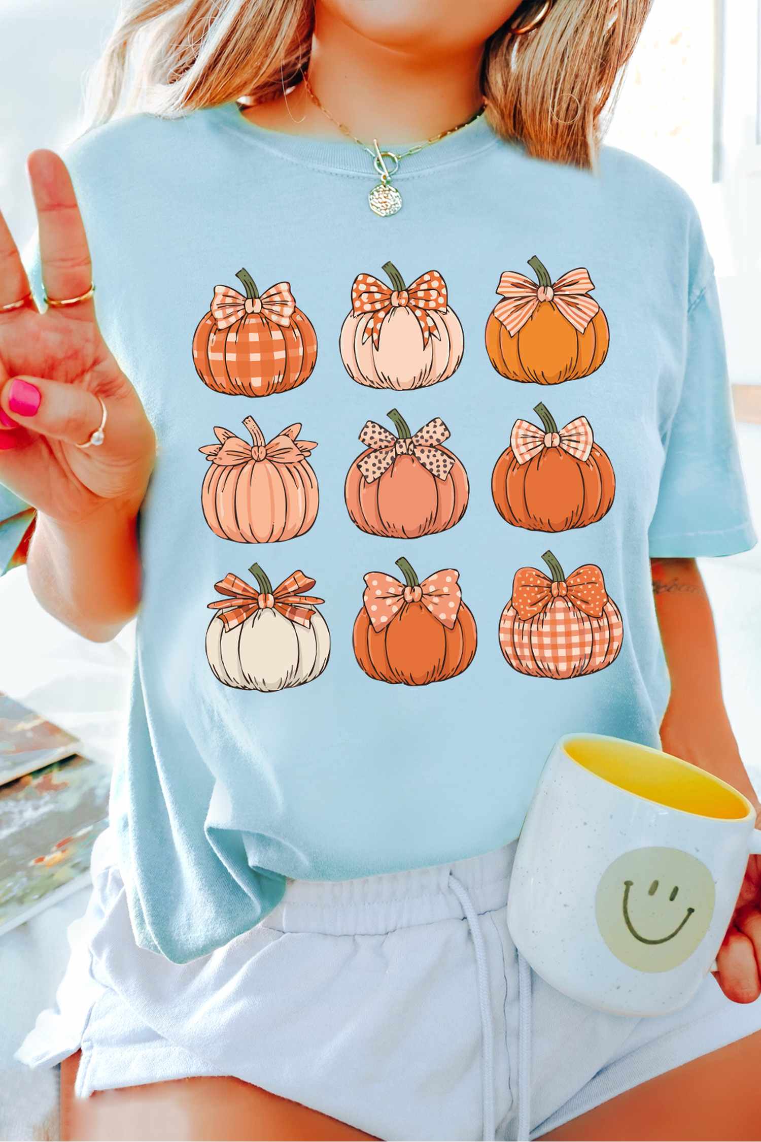 Light Blue Multi Pumpkin Print ODM Custom Graphic T Shirt