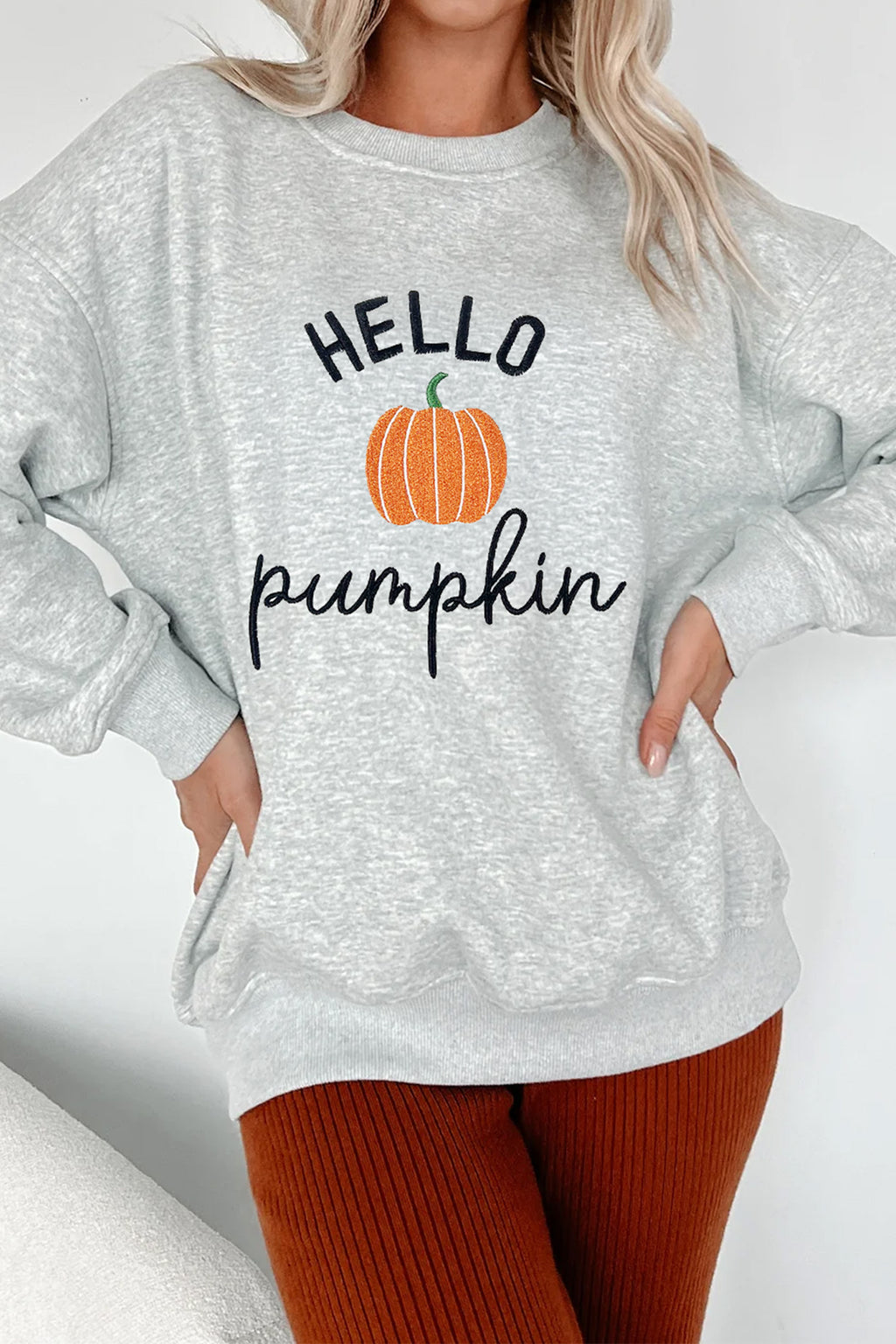 Gray HELLO Pumpkin Embroidered Pattern Casual Sweatshirt
