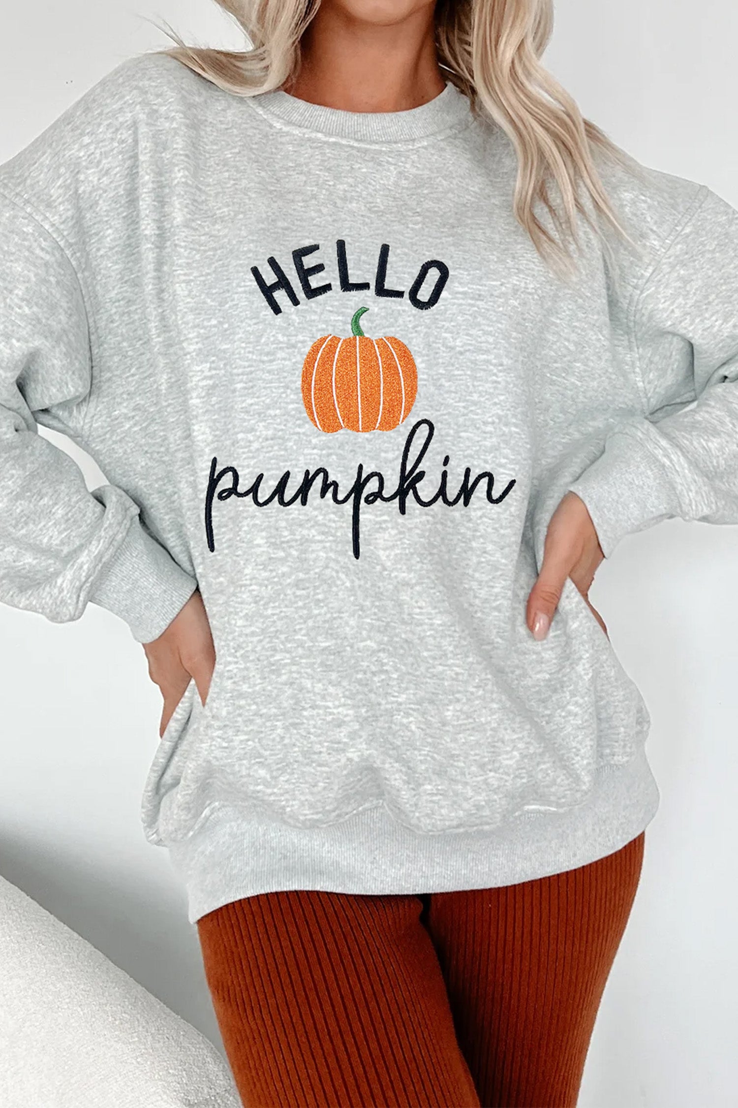 Gray HELLO Pumpkin Embroidered Pattern Casual Sweatshirt