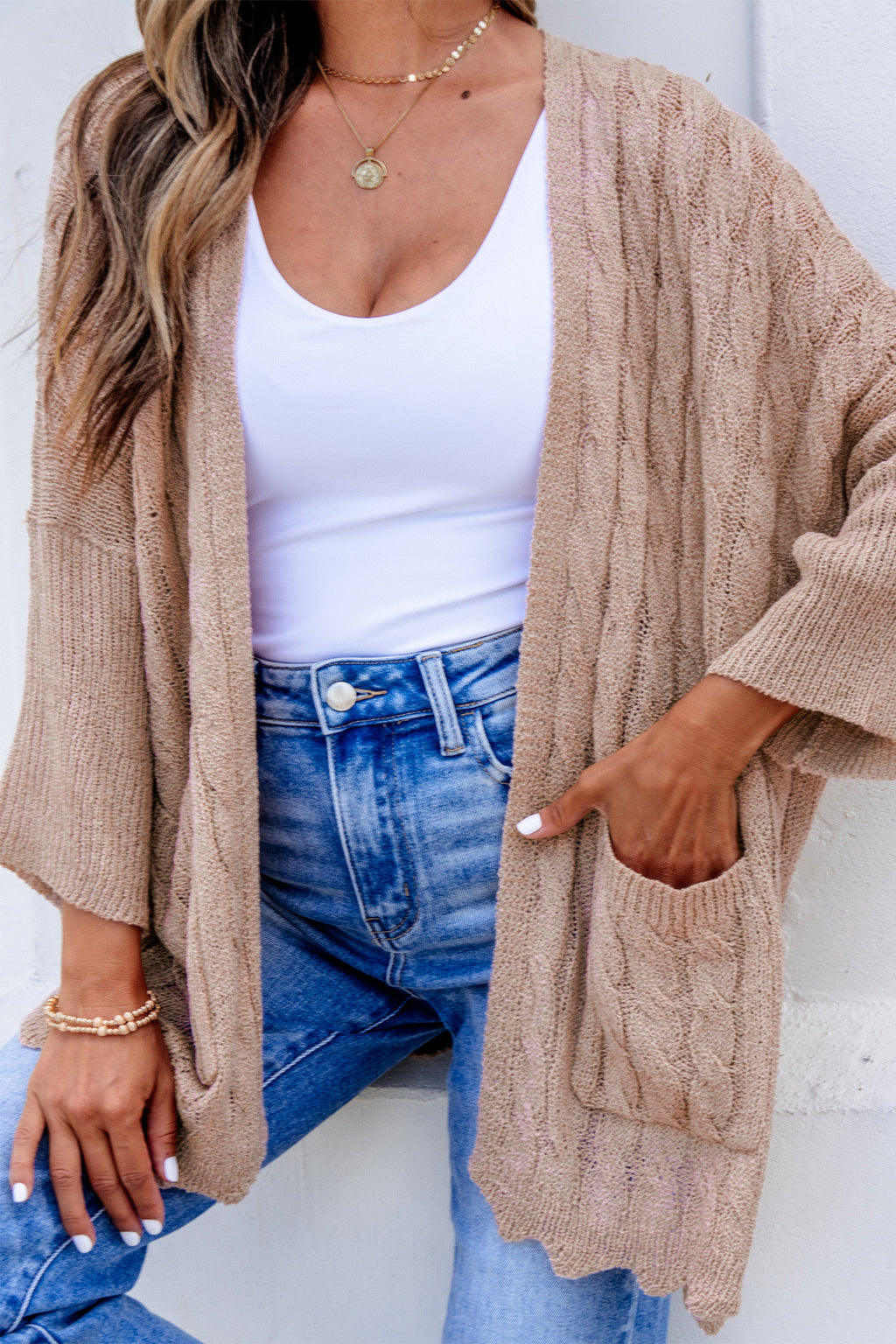 Old Rose Drop Shoulder Crochet Knit Open Front Cardigan