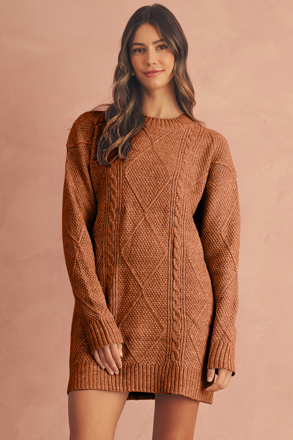 Oatmeal Cable Knit Drop Shoulder Loose Fit Sweater Dress