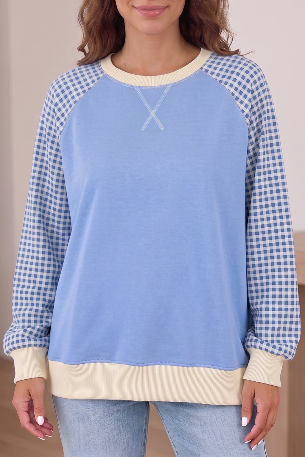 Light Blue Plaid Sleeve Colorblock Raglan Pullover Sweatshirt