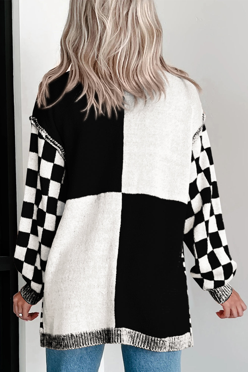 Brown Checkered Open Front Drop Shoulder Cardigan