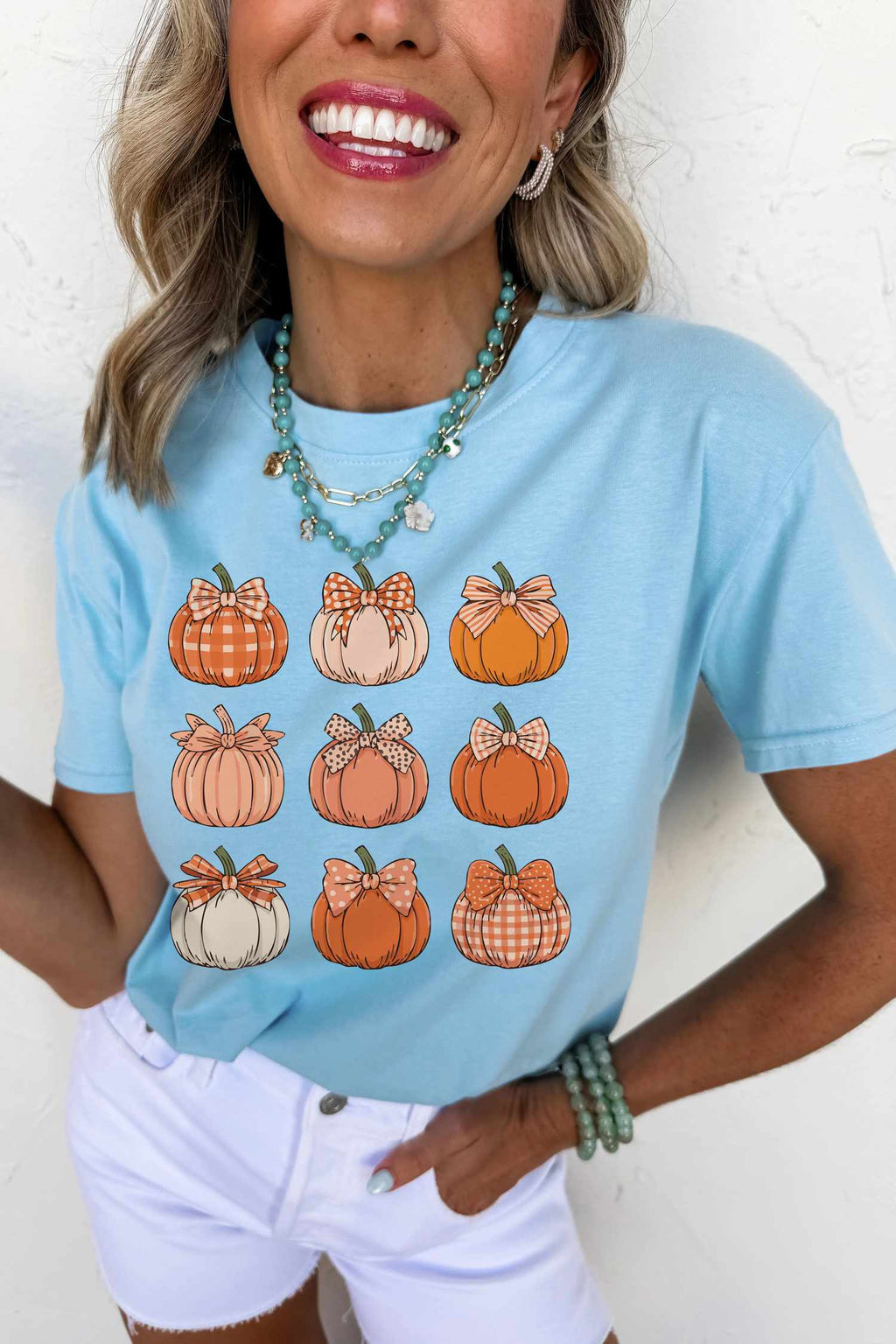 Light Blue Multi Pumpkin Print ODM Custom Graphic T Shirt