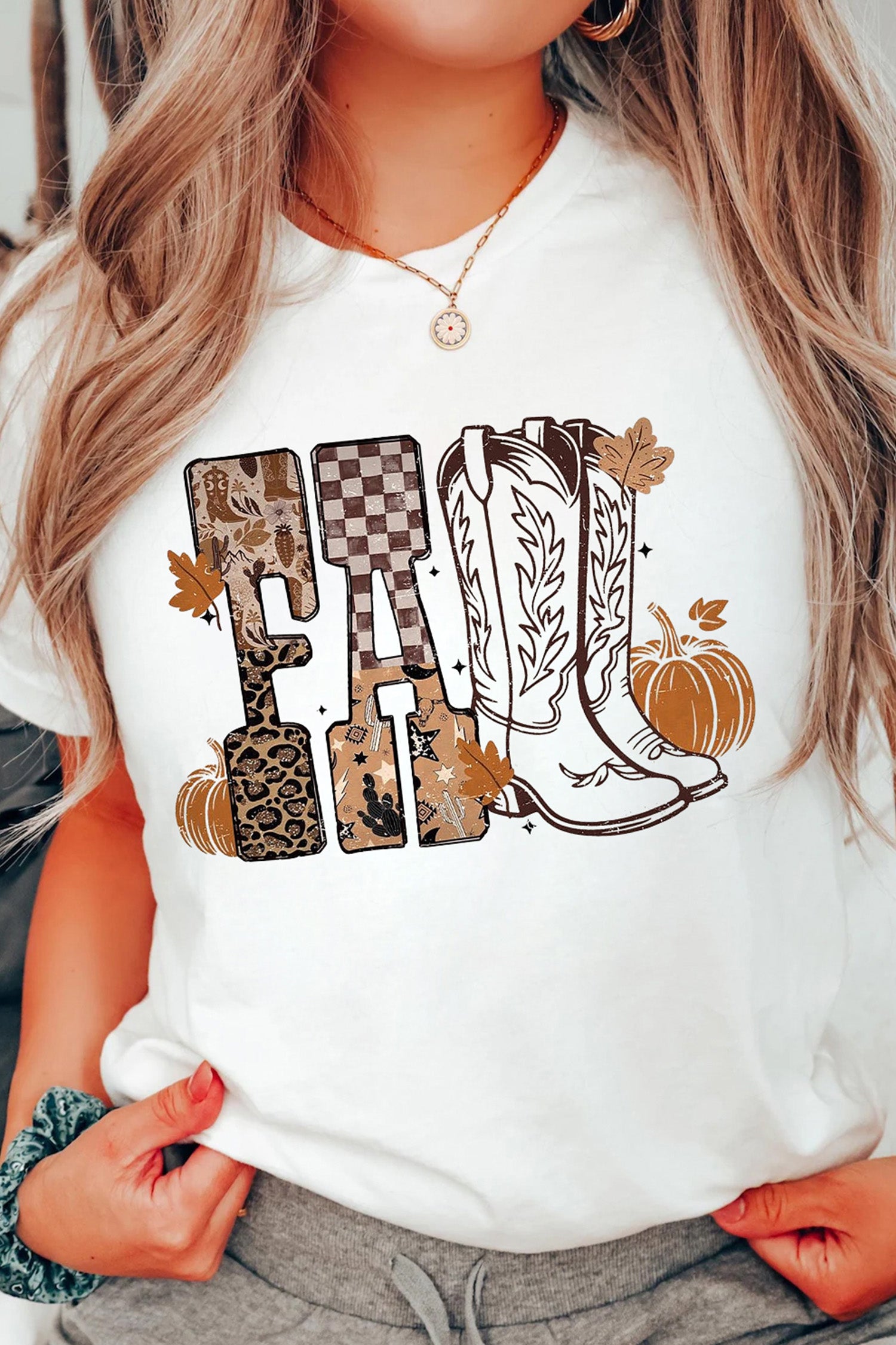 White FALL Letter Print Western Thanksgiving Graphic T-Shirt
